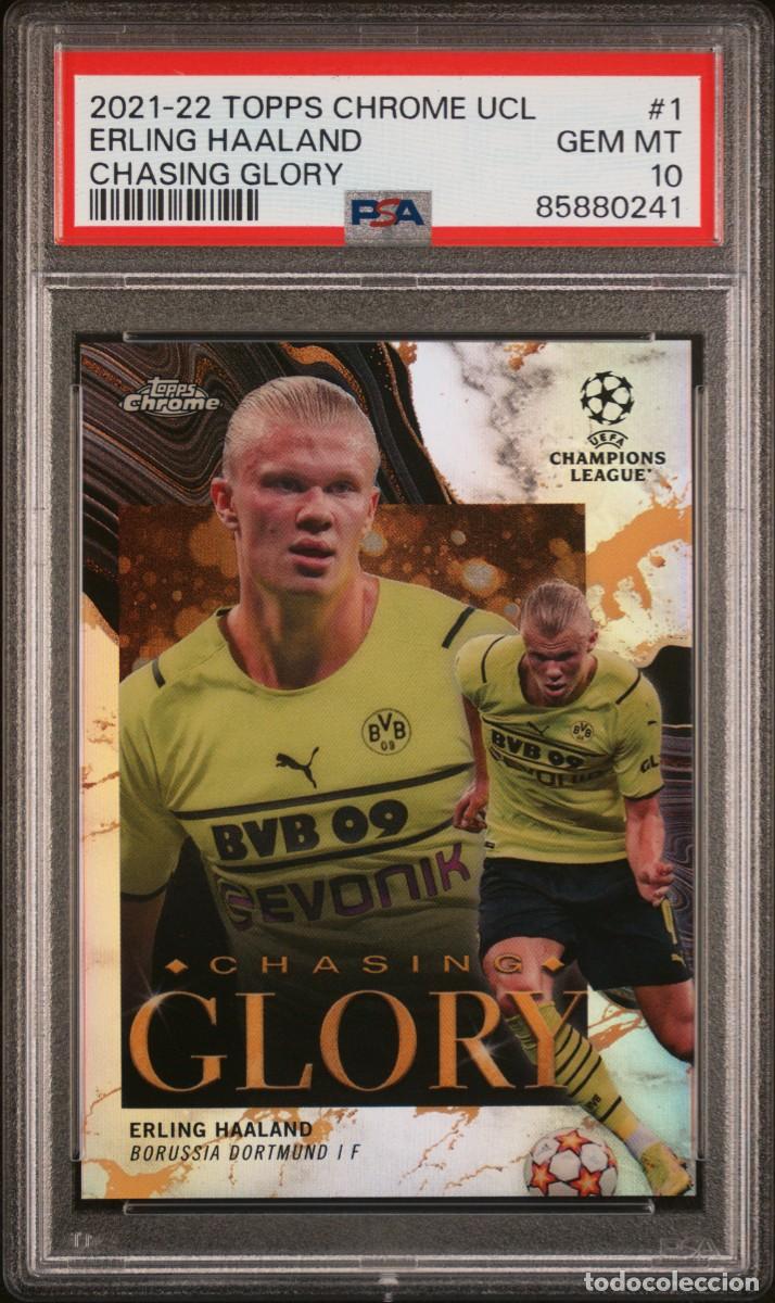 Cromos de f&uacute;tbol: Erling Haaland #1 Borussia Dortmund Topps Chrome Chasin Glory 2021 22 Psa 10