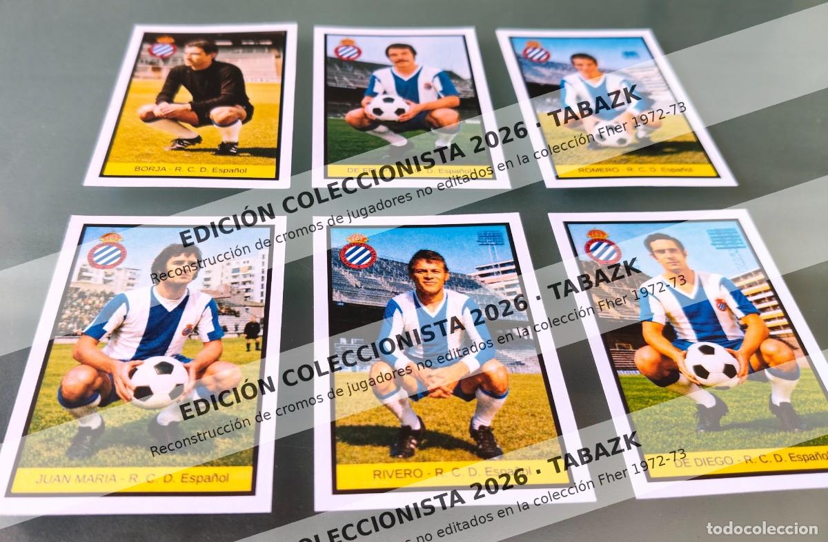 Cromos de f&uacute;tbol: Lote 6 cromos papel ESPA&Ntilde;OL EDICI&Oacute;N COLECCIONISTA 2026 FHER 1972-73 nunca editados DISGRA 72 73