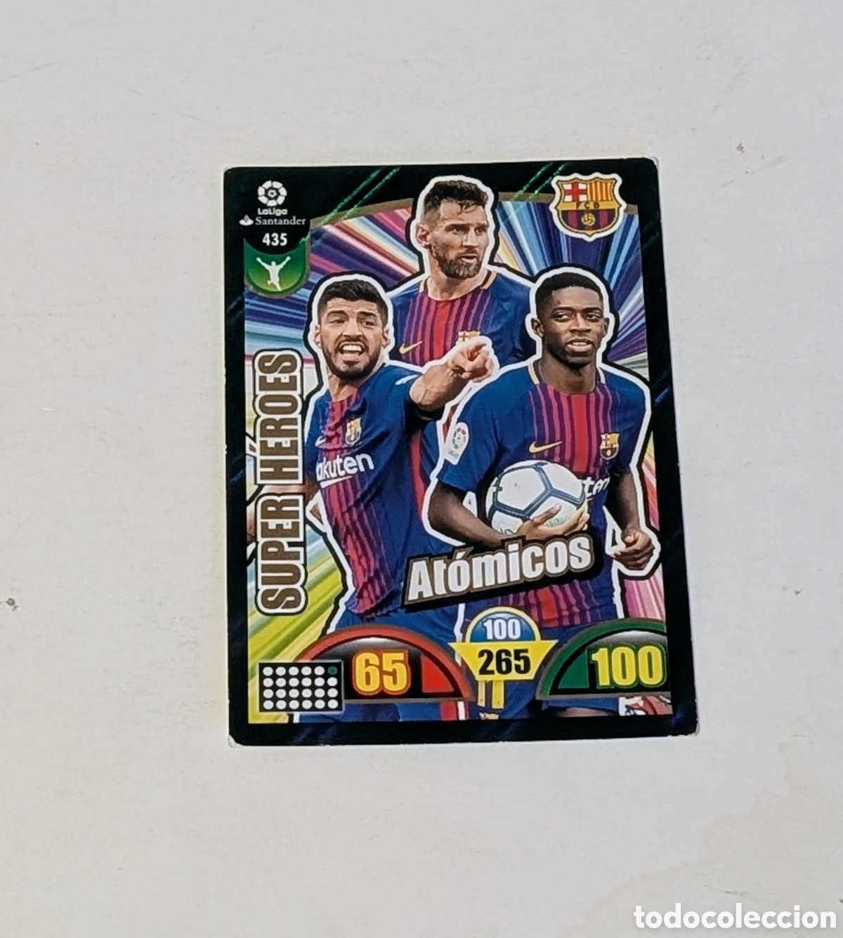 Cromos de f&uacute;tbol: Cromo F&uacute;tbol Adrenalyn XL 2017-2018. Super H&eacute;roes. Panini. Messi, Luis Su&aacute;rez y Ousmane Demb&eacute;l&eacute;.