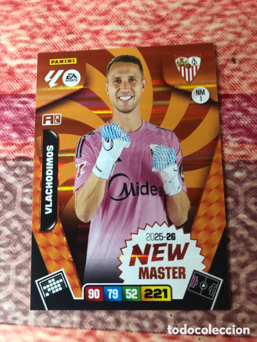Cromos de f&uacute;tbol: Vlachodimos New Master numero 1 del Sevilla cromo adrenalyn XL 25-26 2025-2026