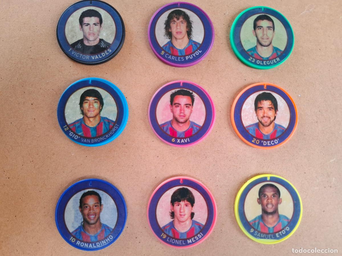 Cartes &agrave; collectionner de Football: LOTE 9 TAZOS ( EQUIPO COMPLETO ) FC. BARCELONA 2005 2006 05 06 CON MESSI, RONALDINHO, XAVI, ETOO.