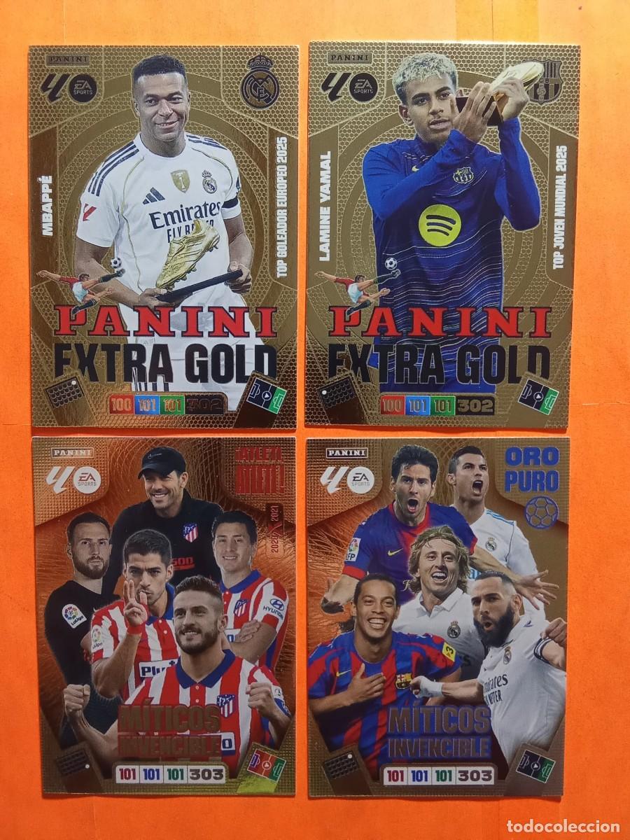Cromos de f&uacute;tbol: LOTE MITICOS INVENCIBLE ATLETI Y ORO PURO Y EXTRA GOLD LAMINE YAMAL MBAPPE ADRENALYN 25-26