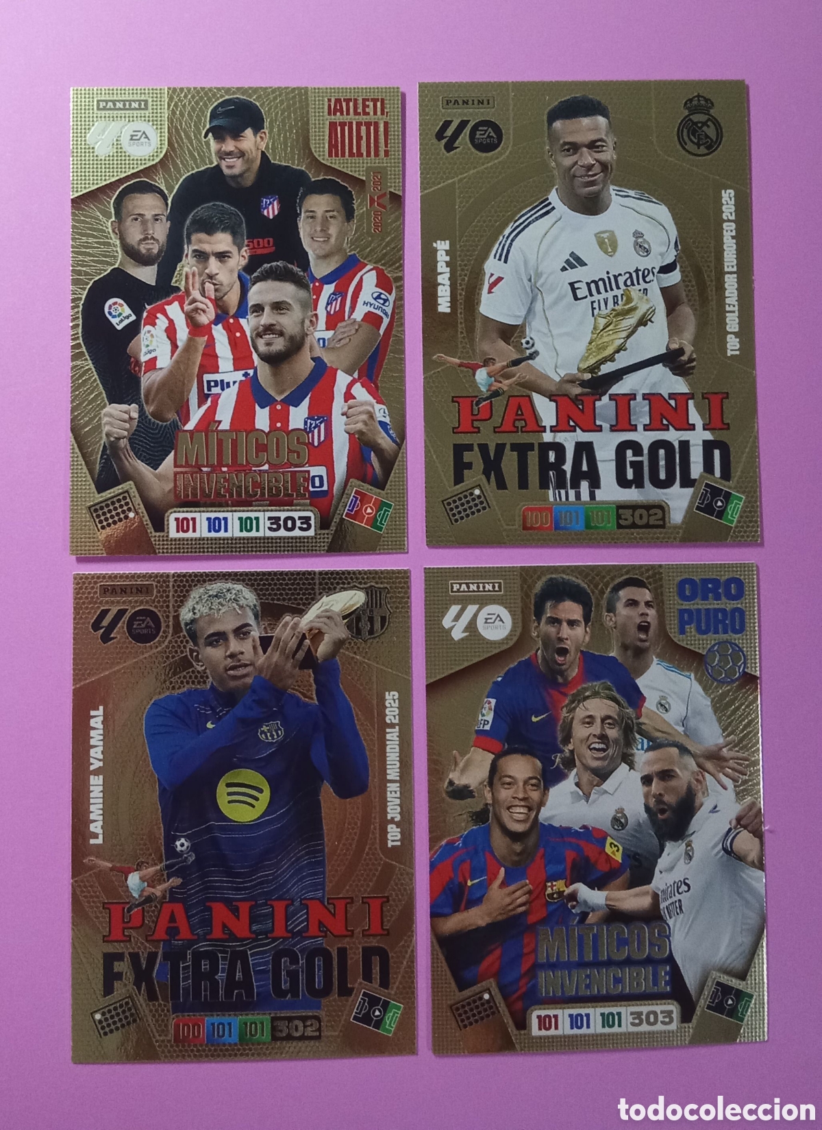 Cromos de f&uacute;tbol: LOTE MITICOS INVENCIBLE ATLETI Y ORO PURO Y EXTRA GOLD LAMINE YAMAL MBAPPE ADRENALYN 25-26
