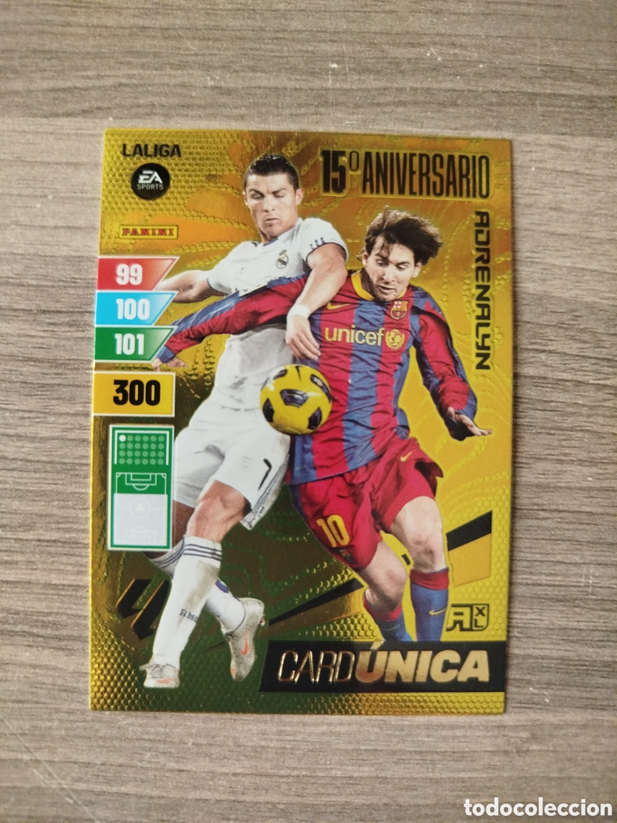 Cromos de f&uacute;tbol: ADRENALYN 15&deg;ANIVERSARIO. MESSI Y CRISTIANO RONALDO (CARD &Uacute;NICA).