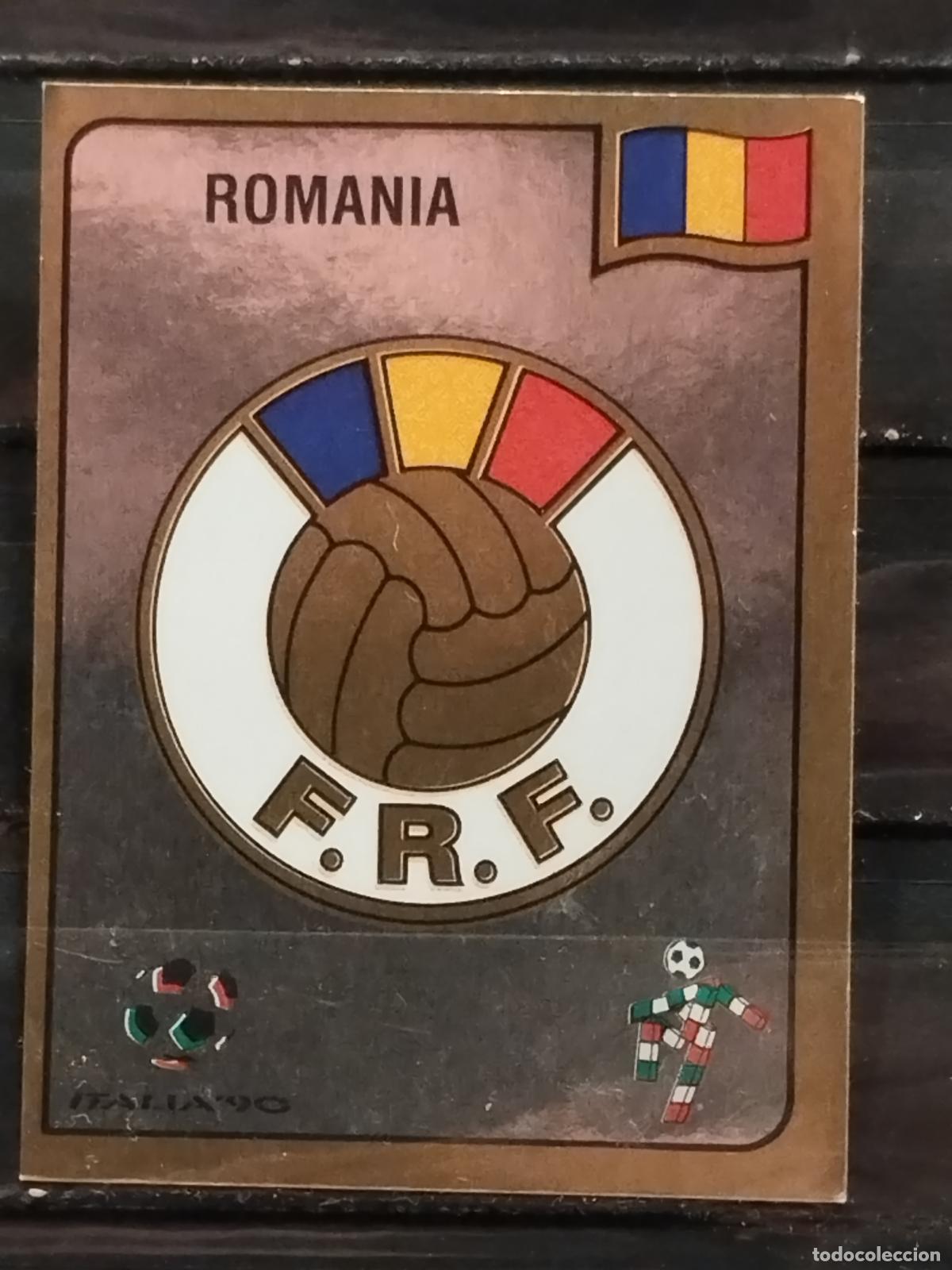 Cromos de f&uacute;tbol: PANINI. MUNDIAL DE FUTBOL ITALIA '90. N&ordm; 152. ESCUDO FEDERACION DE FUTBOL RUMANA. METALIZADO.