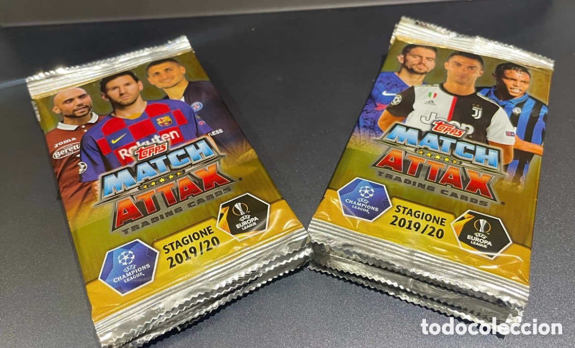 Figurine di Calcio: Lote 10 sobres Messi Cristiano Ronaldo Match Attax 2019-20 Topps 6 cards / sobre