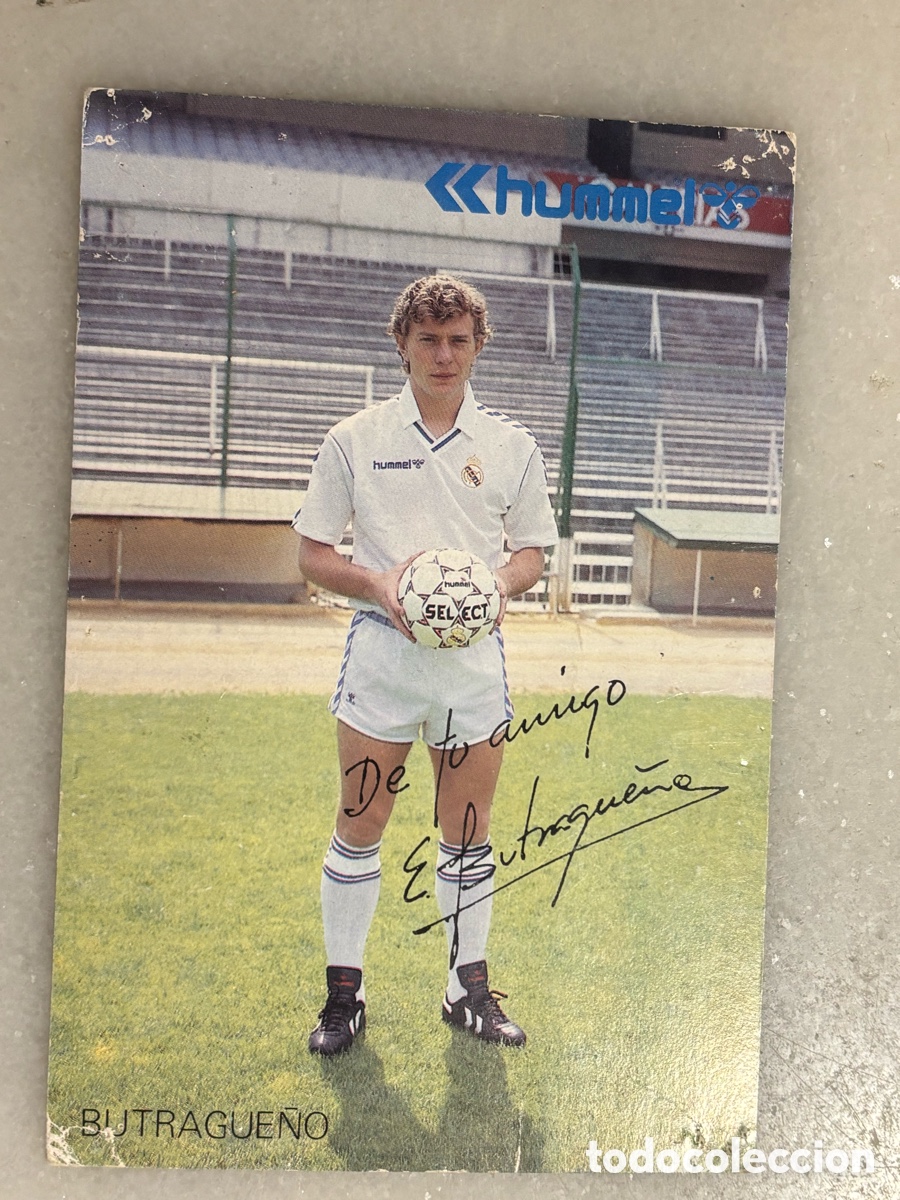 Cromos de f&uacute;tbol: Tarjeta de f&uacute;tbol con aut&oacute;grafo de Butrague&ntilde;o Real Madrid, publicidad un mes