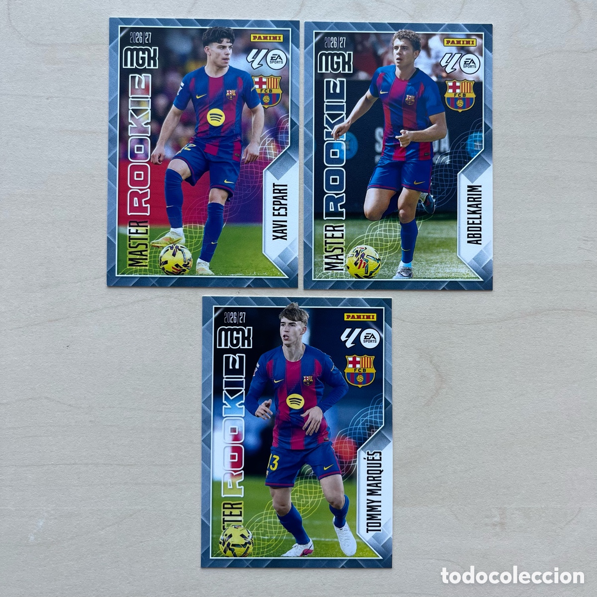 Cartes &agrave; collectionner de Football: Xavi Espart, Hamza Abdelkarim & Tommy Master Rookies Megacracks 2026-27 - FC Barcelona
