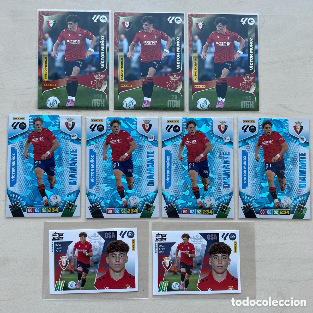 Cromos de f&uacute;tbol: Lote 9 V&iacute;ctor Mu&ntilde;oz Rookie 2025-26 (Megacracks, Liga Este & Adrenalyn) - Osasuna