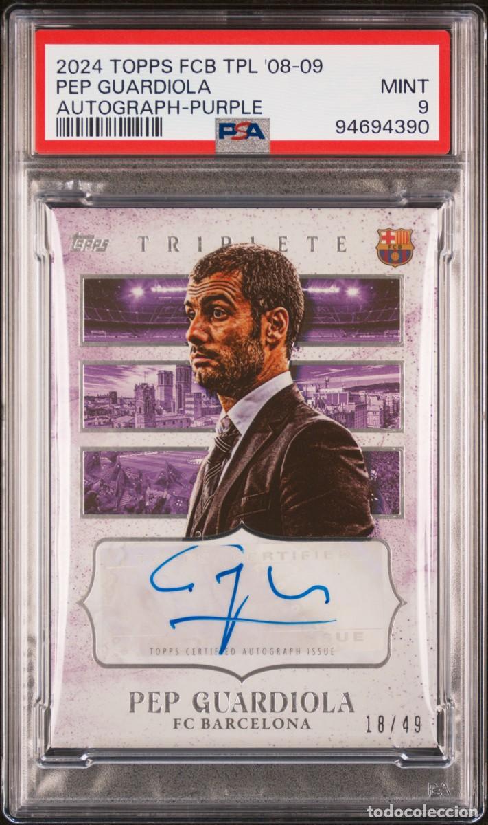 Cromos de f&uacute;tbol: Pep Guardiola 18/49 FC Barcelona Topps Triplete 08 09 Autografo Purple 2024 Psa 9