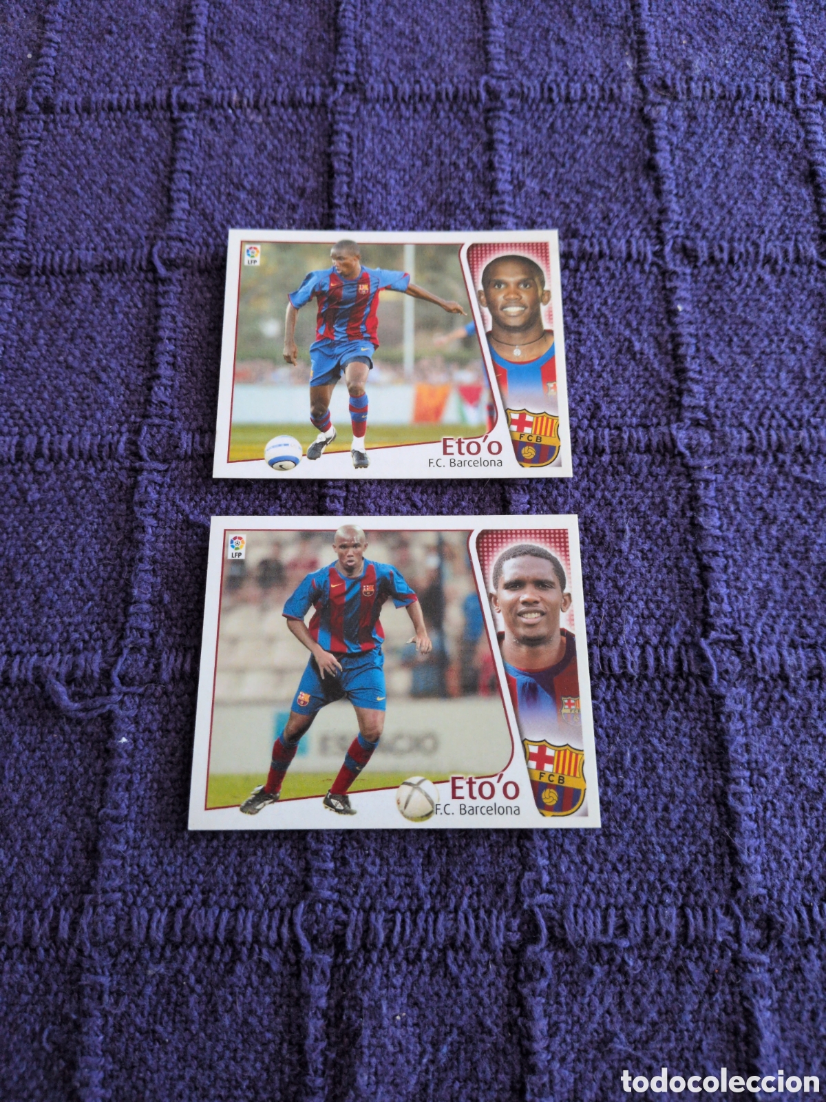 Cromos de f&uacute;tbol: lote 2 versiones cromos NUEVOS liga 2004-2005 04-05 fc barcelona ETO'O ultimos fichajes n&ordm; 28.