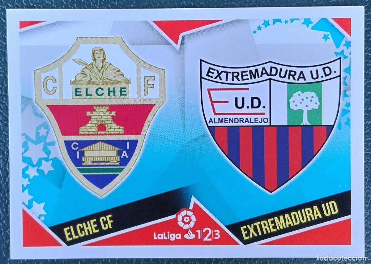 Cromos de f&uacute;tbol: 4 ELCHE CF / EXTREMADURA ESCUDOS SEGUNDA DIVISION CROMOS ALBUM EDICIONES ESTE 2018 2019 18 19