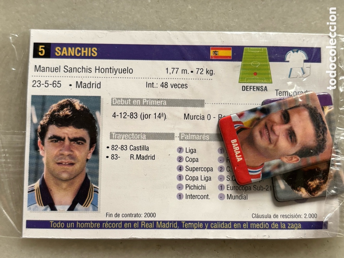 Cromos de f&uacute;tbol: Blister Cromo, Ficha, Sanchis Real Madrid y baraja Atl&eacute;tico, Madrid