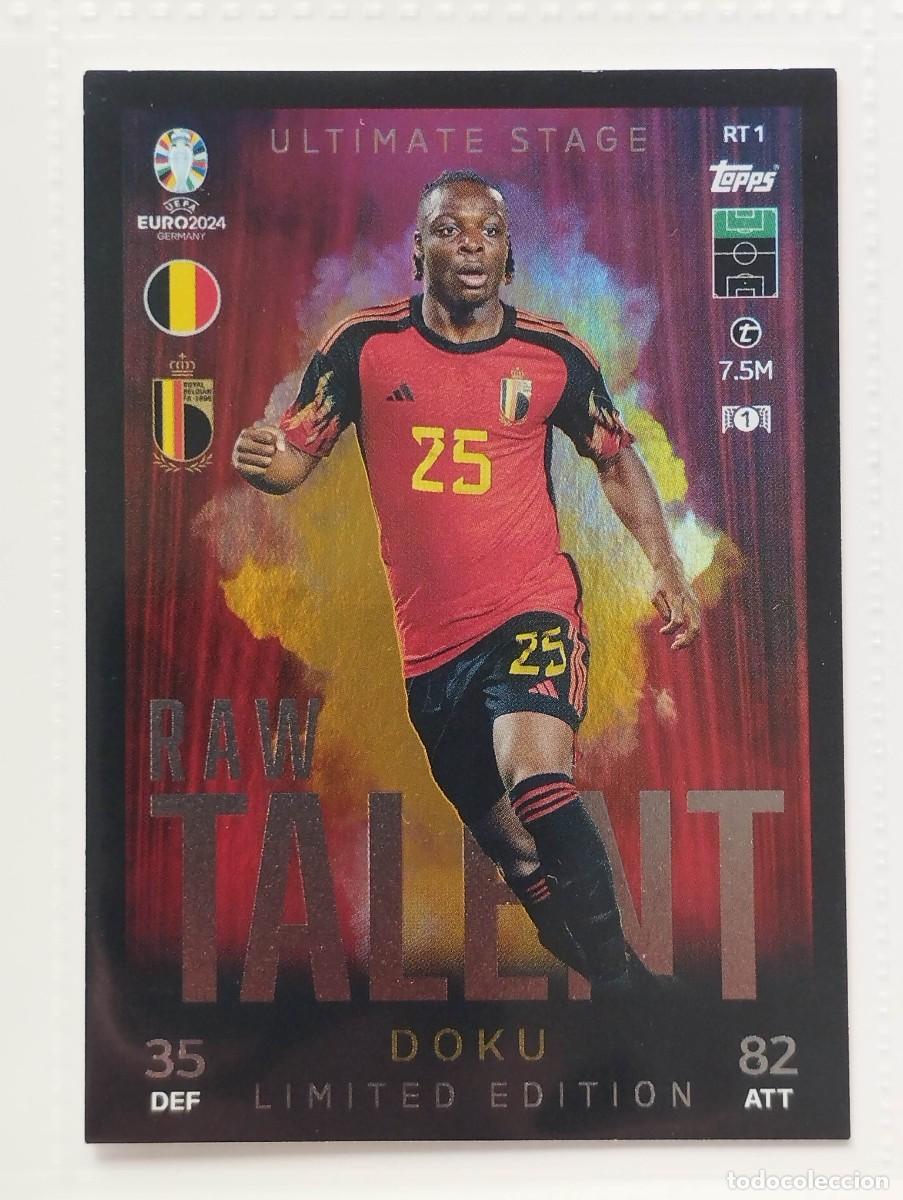 Cromos de f&uacute;tbol: CROMO CARD EURO 24 EUROCOPA 2024 MATCH ATTAX RAW TALENT LIMITED EDITION DOKU BELGICA