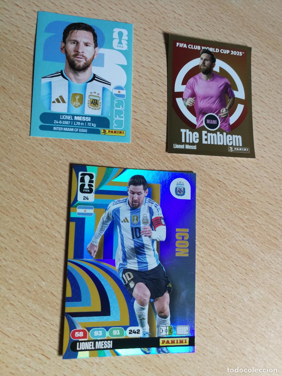 Cromos de f&uacute;tbol: Lionel Messi 3 cromos Selecci&oacute;n argentina y Inter de Miami, nuevos de sobre