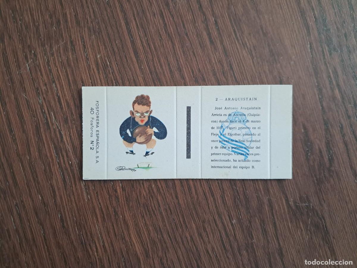 Cromos de f&uacute;tbol: Real Madrid, n&ordm; 2 Araquistain - Caja de cerillas en plancha - Fosforera Espa&ntilde;ola, a&ntilde;os 60