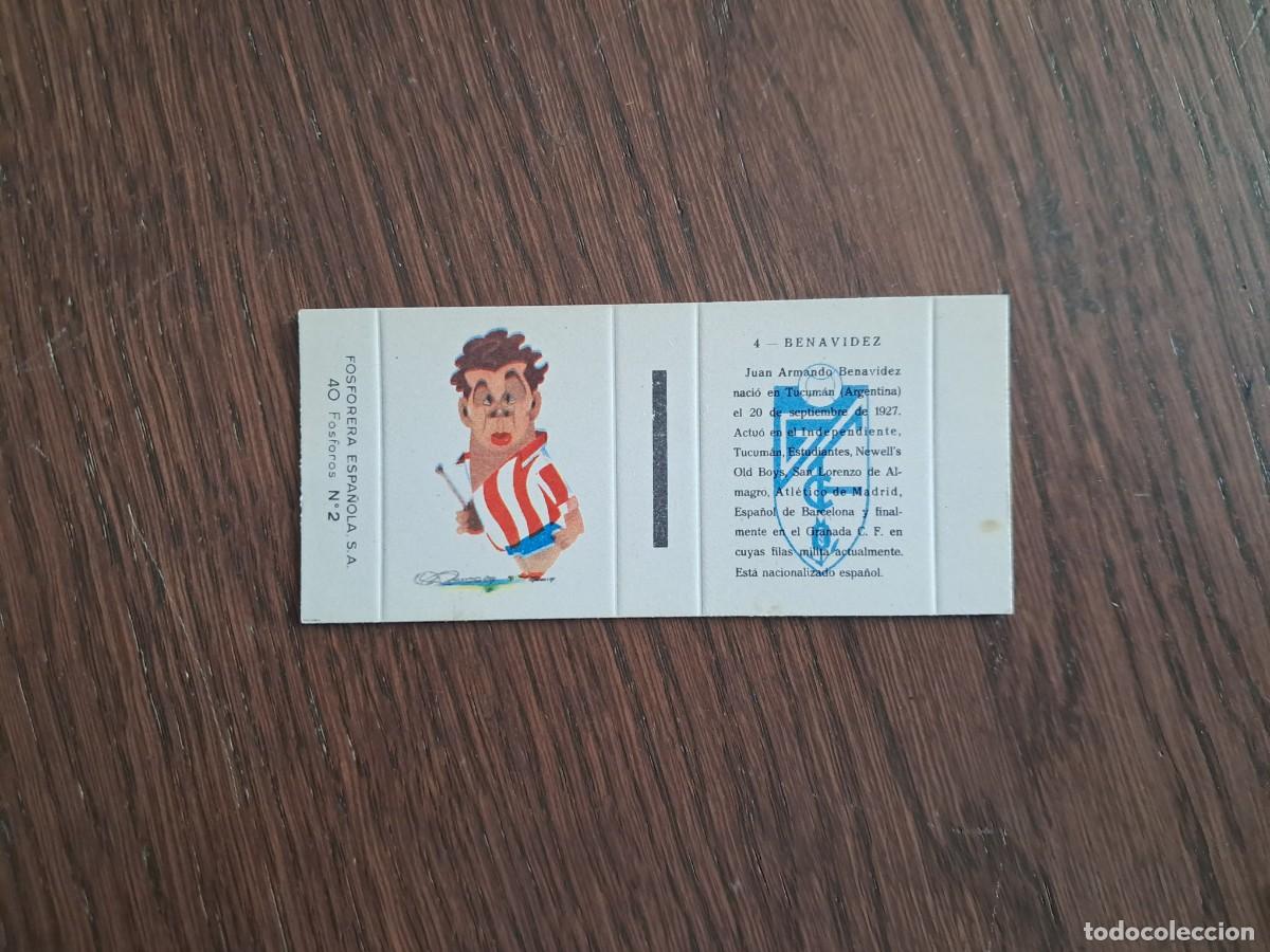 Cromos de f&uacute;tbol: Granada, n&ordm; 4, Benavidez - Caja de cerillas en plancha - Fosforera Espa&ntilde;ola, a&ntilde;os 60