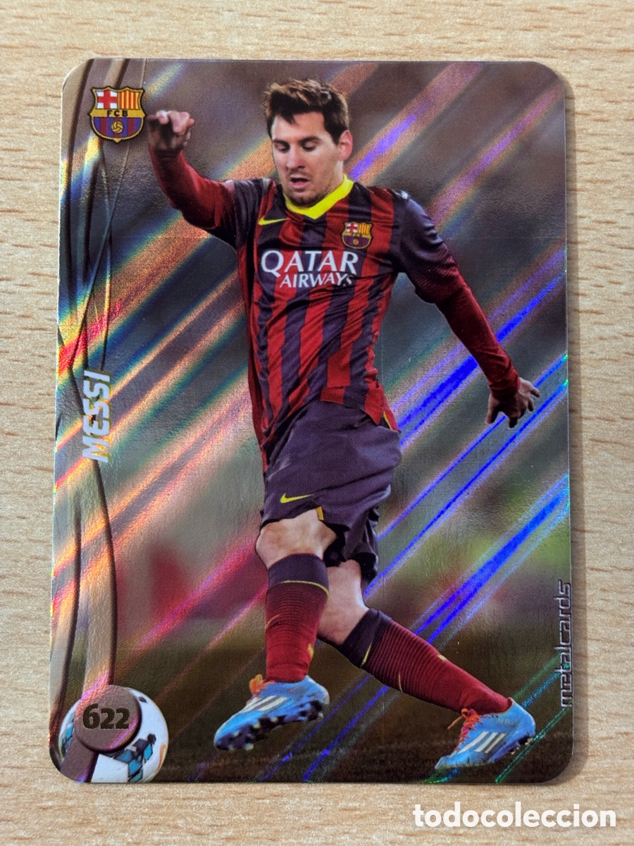 Cromos de f&uacute;tbol: # 622 Messi FC Barcelona Metalcard versi&oacute;n rayas diagonales Mundicromo 2015