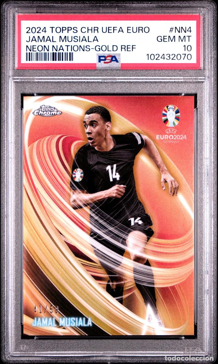 Cromos de f&uacute;tbol: Jamal Musiala 41/50 NN4 Alemania Topps Chrome EURO 2024 Neon Nations Gold Psa 10