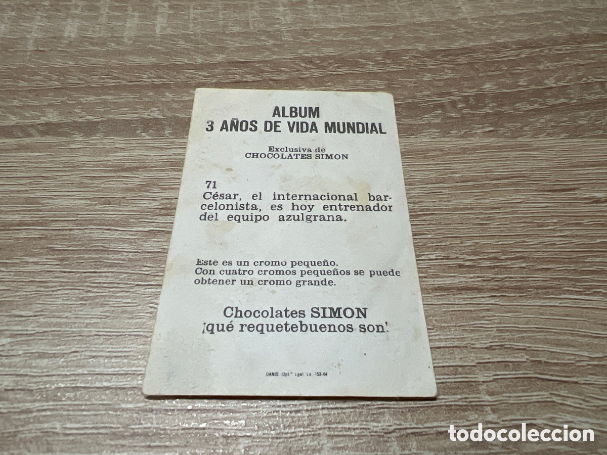 Cromos de f&uacute;tbol: 1964 C&Eacute;SAR # 71 CHOCOLATES SIM&Oacute;N DESPEGADO - Foto 2