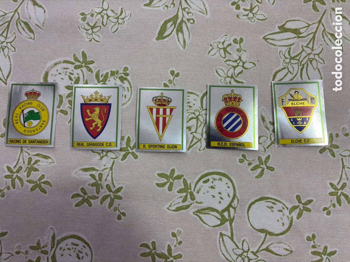 Football Stickers: Lote 5 Cromos Metalizados Escudos Panini F&uacute;tbol Basket 85 Sin Pegar Zaragoza Sporting Elche