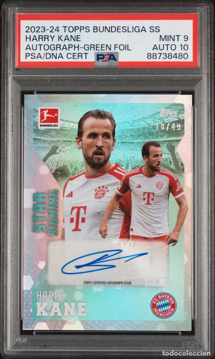 Cromos de f&uacute;tbol: Harry Kane 18/49 Bayern Munich Topps Bundesliga Green Foil 2023 24 Auto 10 PSA 9