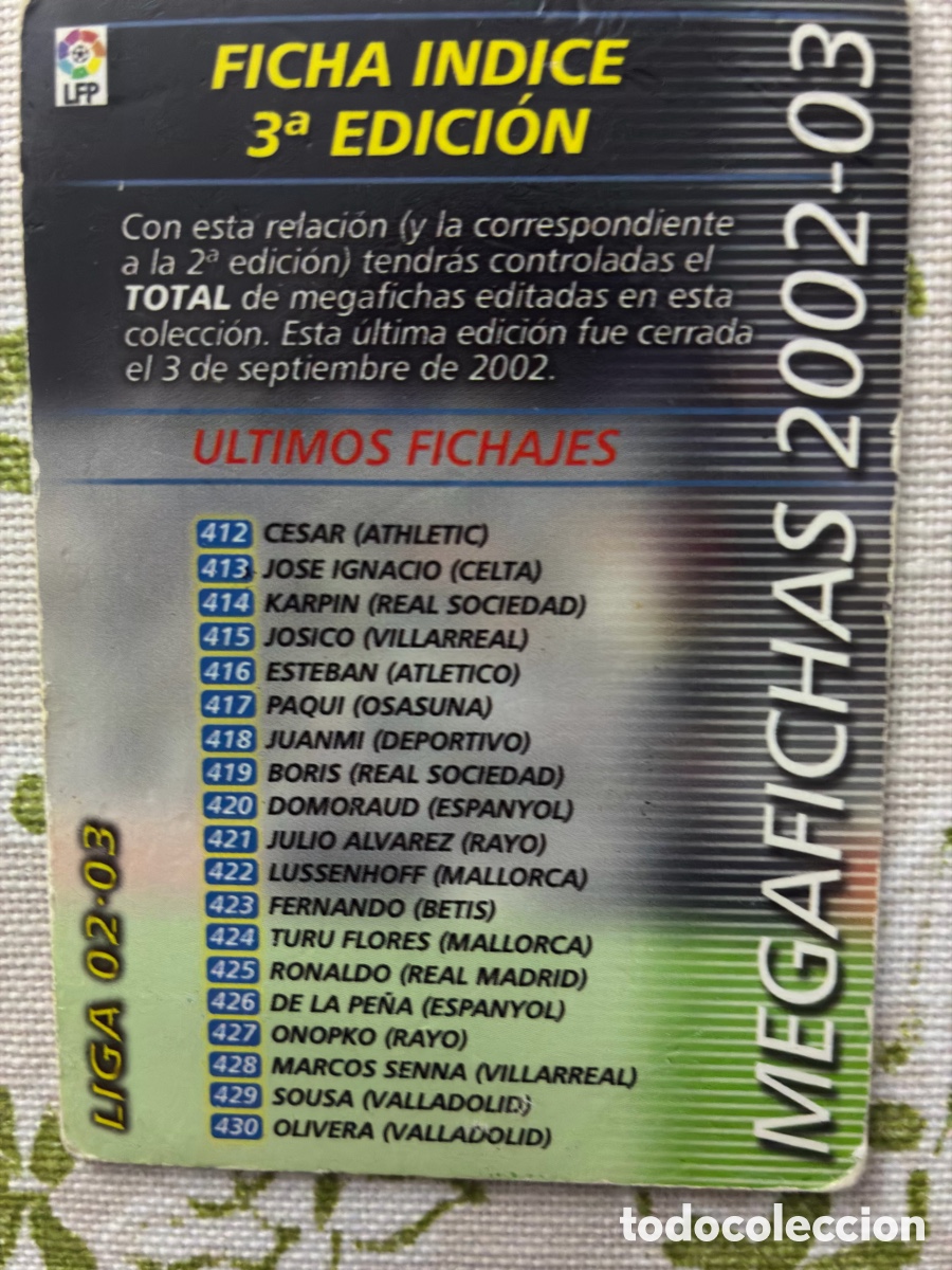 Cromos de f&uacute;tbol: Ficha &Iacute;ndice 3&ordf; Edici&oacute;n Checklist (Ronaldo, Vald&eacute;s) - Megacracks Panini Liga 02/03