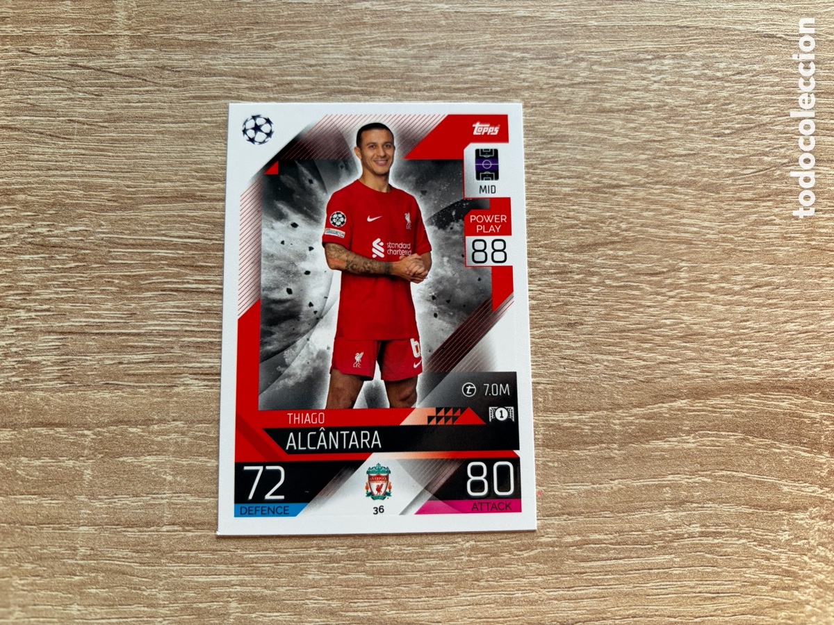 Fu&szlig;ball-Sticker: 36 THIAGO ALC&Acirc;NTARA MATCH ATTAX TOPPS 2022 2023 LIVERPOOL