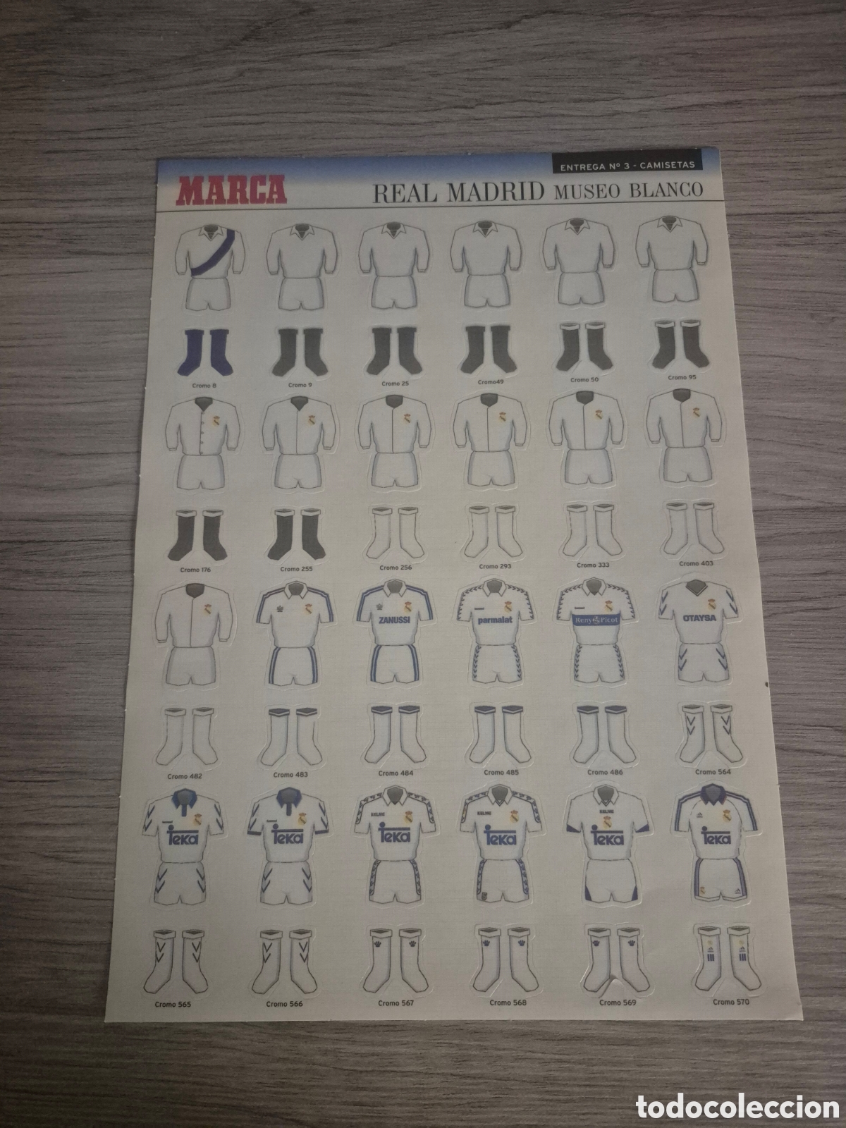 Cromos de f&uacute;tbol: Lamina pegatinas equipaciones historicas r.madrid.