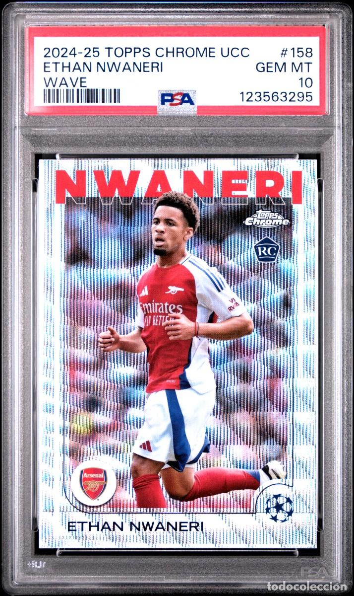 Football Stickers: Rookie Nwaneri #158 Arsenal Topps Chrome Wave 2024 25 PSA 10