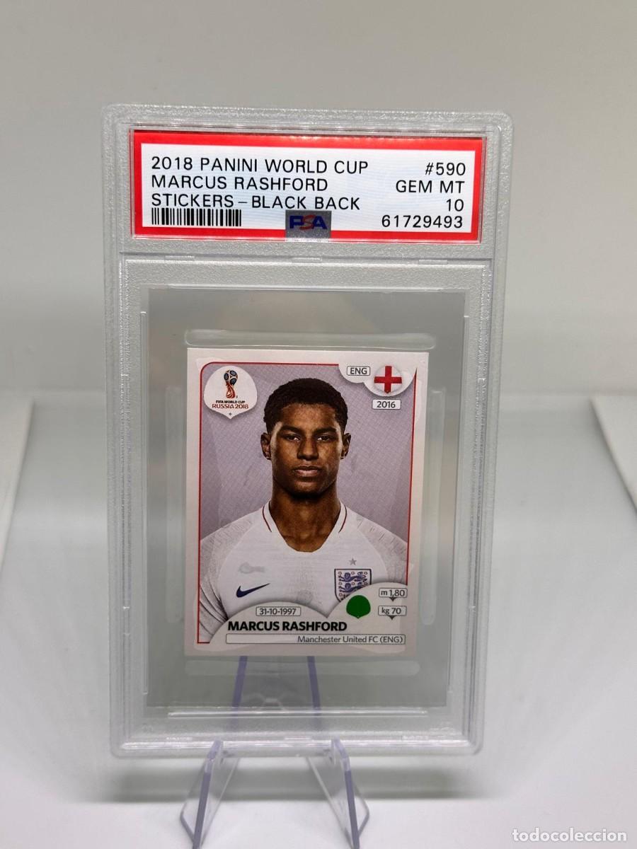 Cromos de f&uacute;tbol: Marcus Rashford #590 Inglaterra Panini World Cup Stickers Black Back 2018 PSA 10