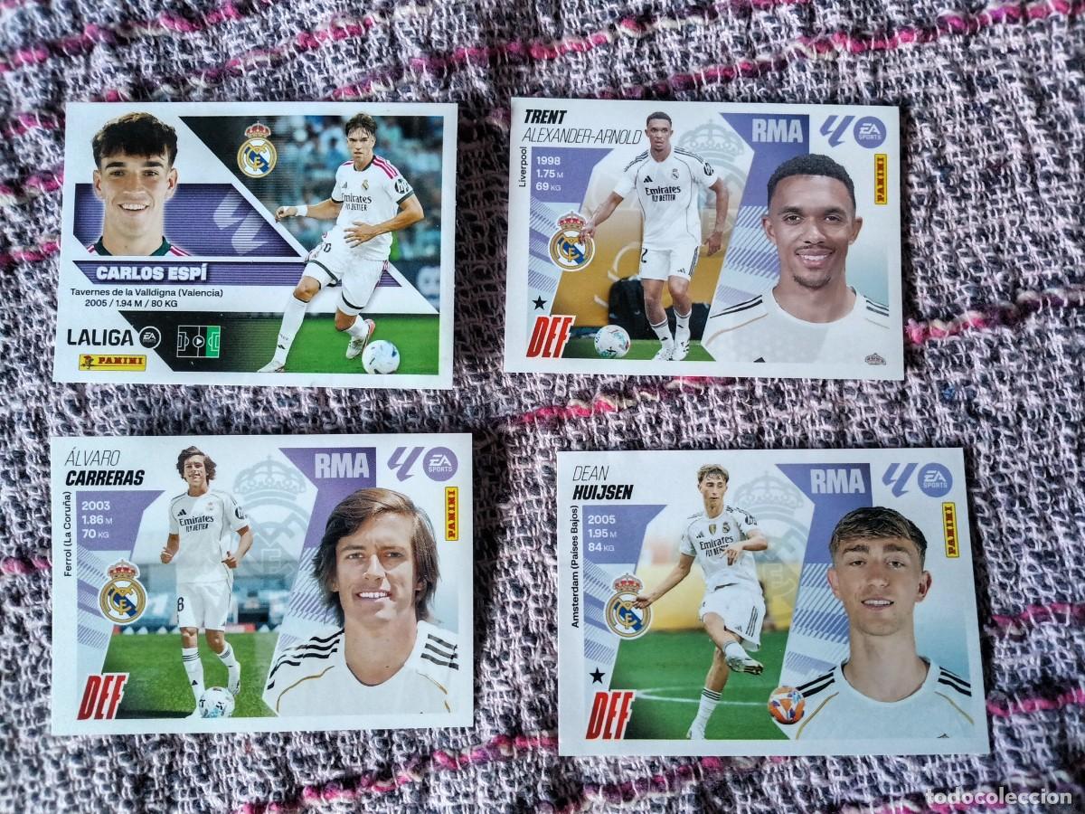 Fu&szlig;ball-Sticker: Lote de 4. &Uacute;ltimos fichajes. Coloca. Trent, Esp&iacute;, Carreras y Huijsen. Real Madrid. Panini. Liga Este