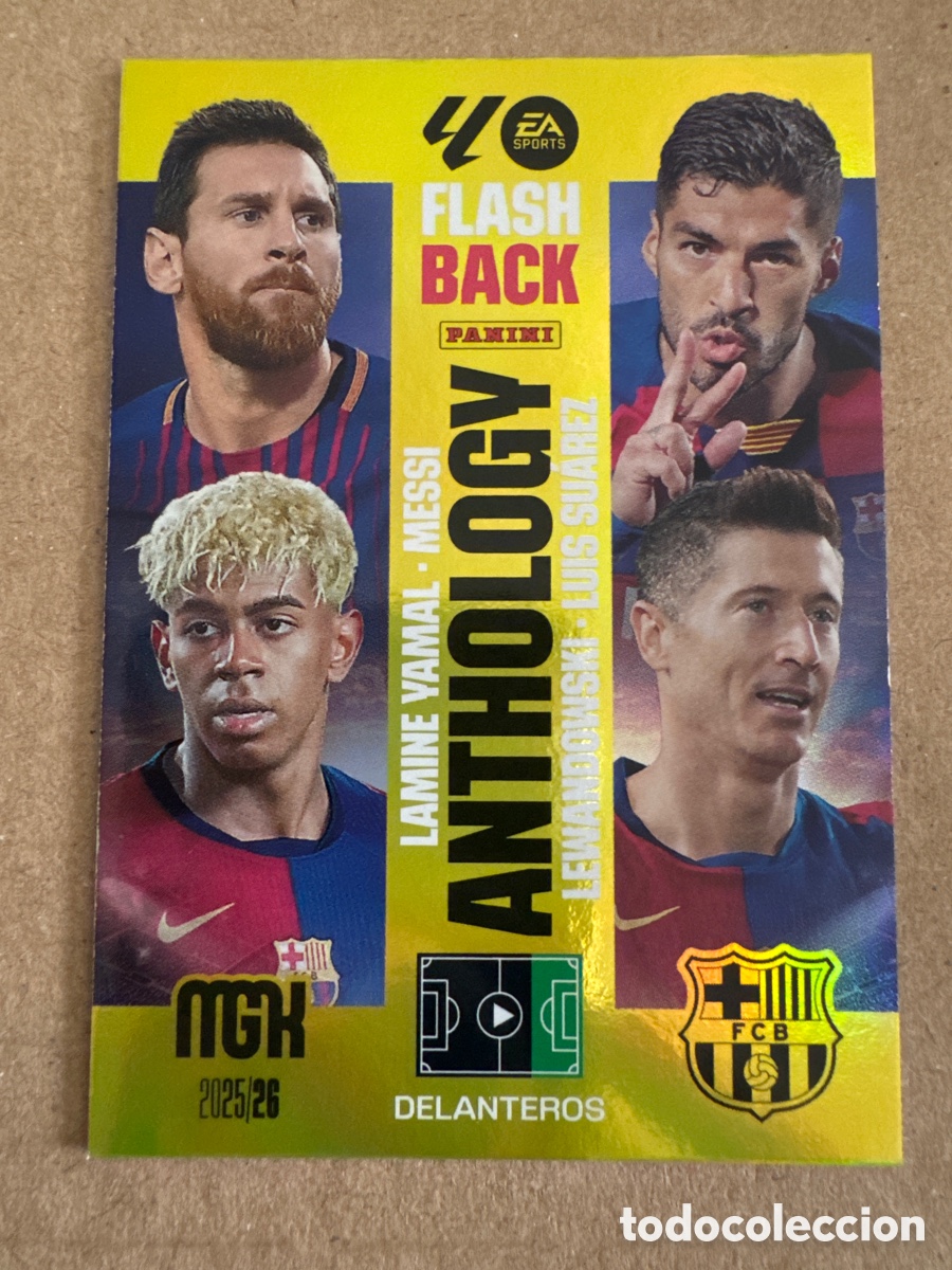 Cromos de f&uacute;tbol: v 438 Messi Lamine Yamal Lewandowski Su&aacute;rez Barcelona FlashBack Anthology Megacracks 25 26 2025 2026