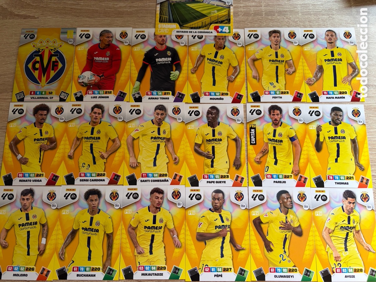 Cromos de f&uacute;tbol: VILLARREAL CF LOTE COMPLETO B&Aacute;SICO ADRENALYN XL 2025 2026 25 26 PANINI