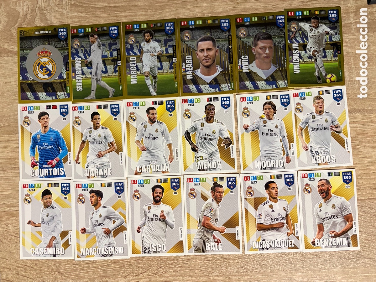 Cromos de f&uacute;tbol: LOTE COMPLETO 18 CARTAS REAL MADRID CF FIFA 365 2020 ADRENALYN XL PANINI