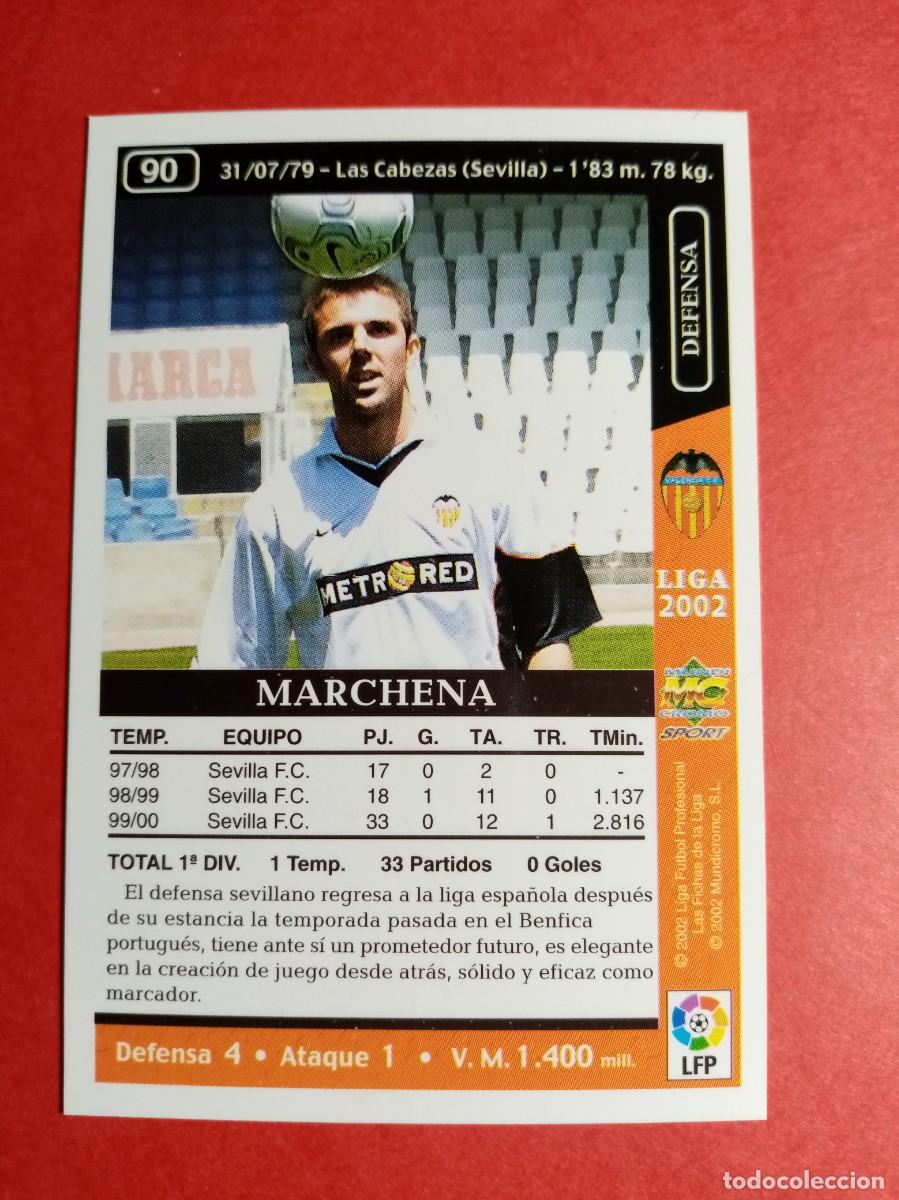 Football Stickers: N&ordm; 90 MARCHENA, VALENCIA C.F., FICHAS DE LA LIGA 2002, 2001 2002, 01 02 MUNDICROMO