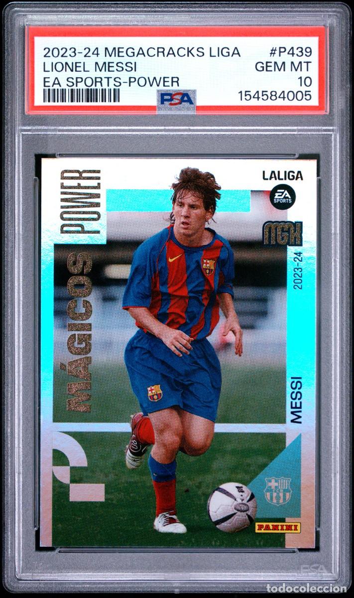 Cromos de f&uacute;tbol: Lionel Messi #P439 FC Barcelona Panini Megacracks Magicos Power 2023 2024 PSA 10