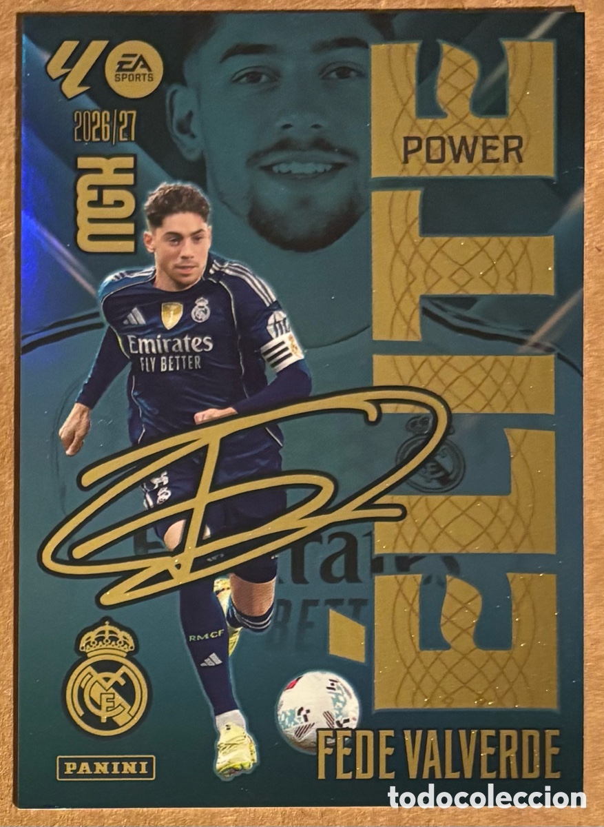 Cromos de f&uacute;tbol: FEDE VALVERDE (REAL MADRID). CARTA POWER ELITE PANINI MEGACRACKS MGK 2026/27. #5P. CON AUT&Oacute;GRAFO