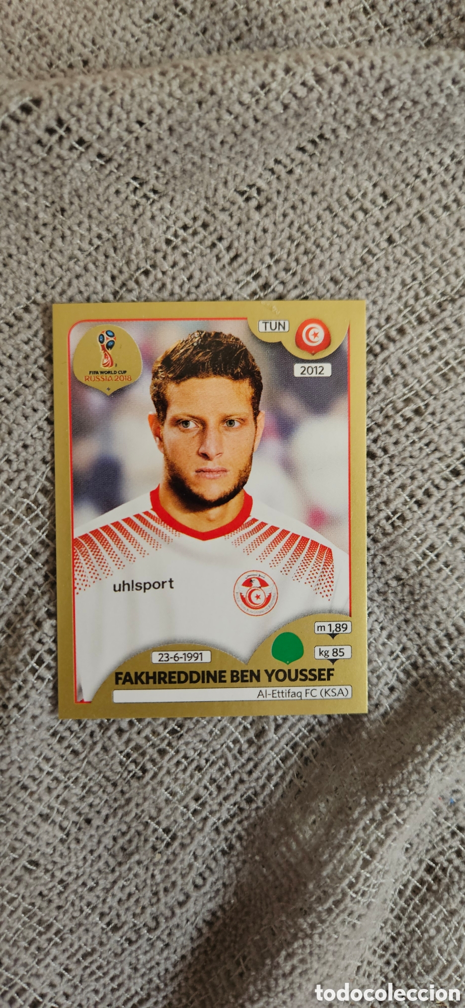Cromos de f&uacute;tbol: mundial russia Rusia 2018 18 sin pegar ben youssef T&uacute;nez versi&oacute;n Suiza oro dorado