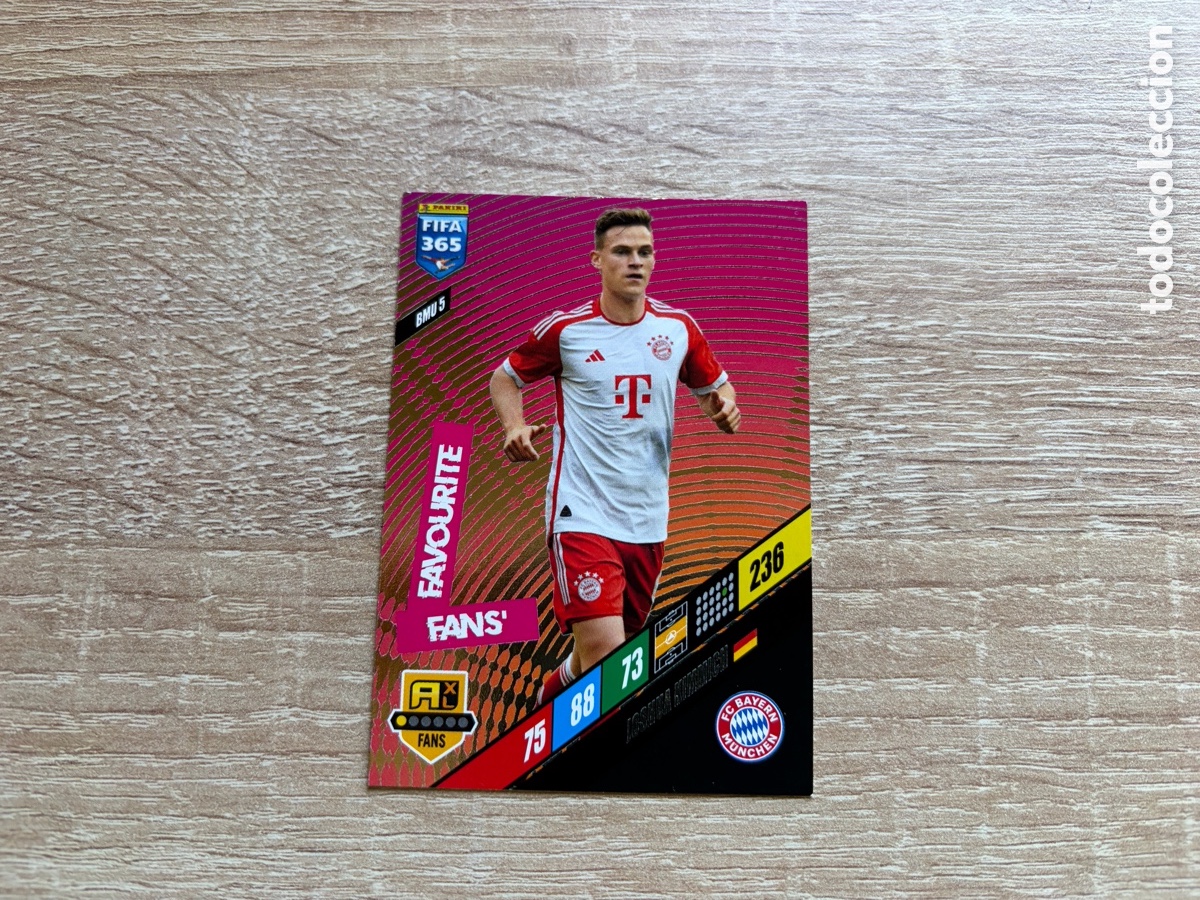 Cartes &agrave; collectionner de Football: 236 JOSHUA KIMMICH FANS' FAVOURITE BMU5 FC BAYERN M&Uuml;NCHEN PANINI FIFA 365 2024 ADRENALYN XL