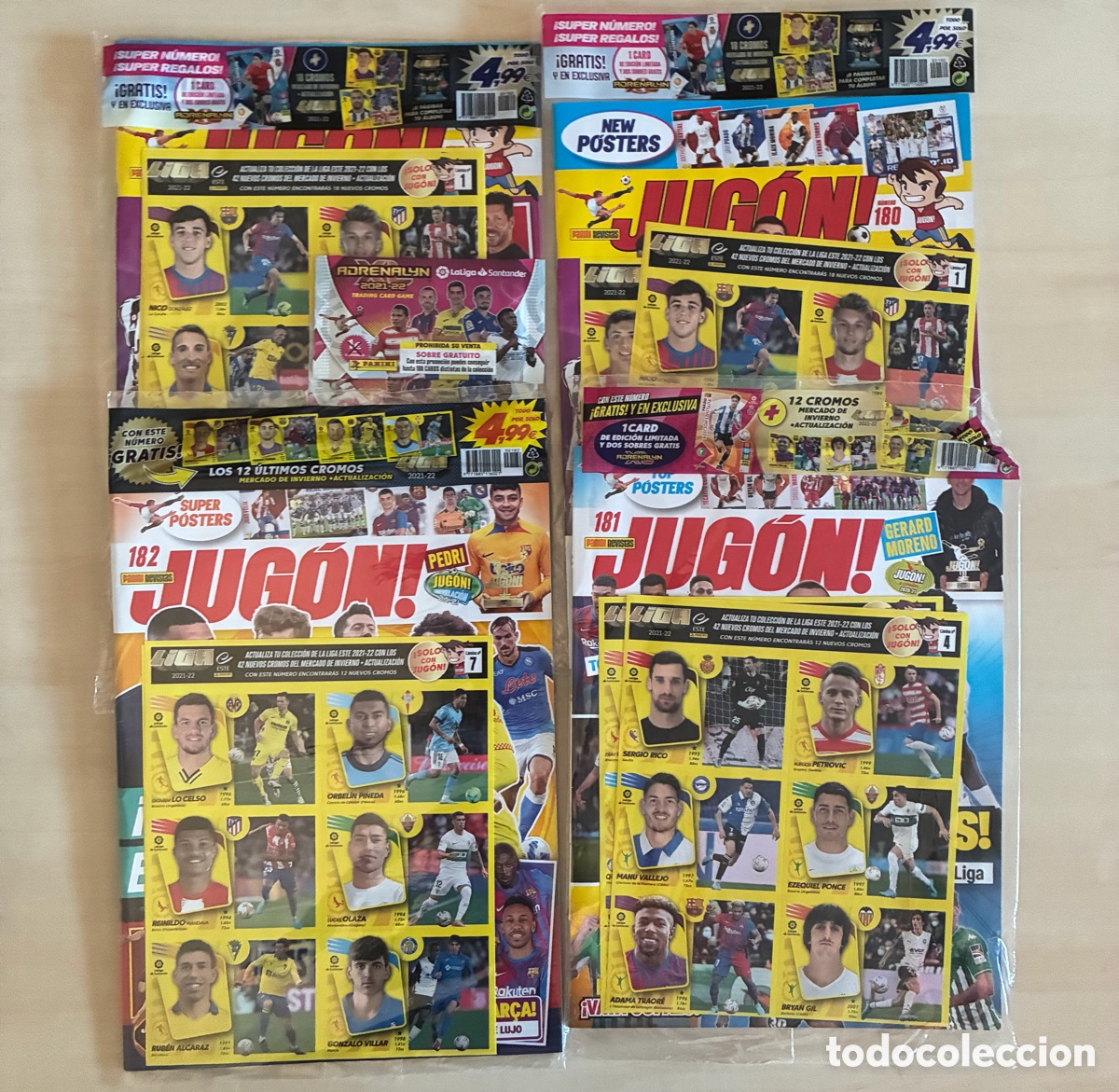 Cromos de f&uacute;tbol: Lote 4 revistas jug&oacute;n 180 181 y 182 nuevas sin abrir con todos los cromos Panini y liga este