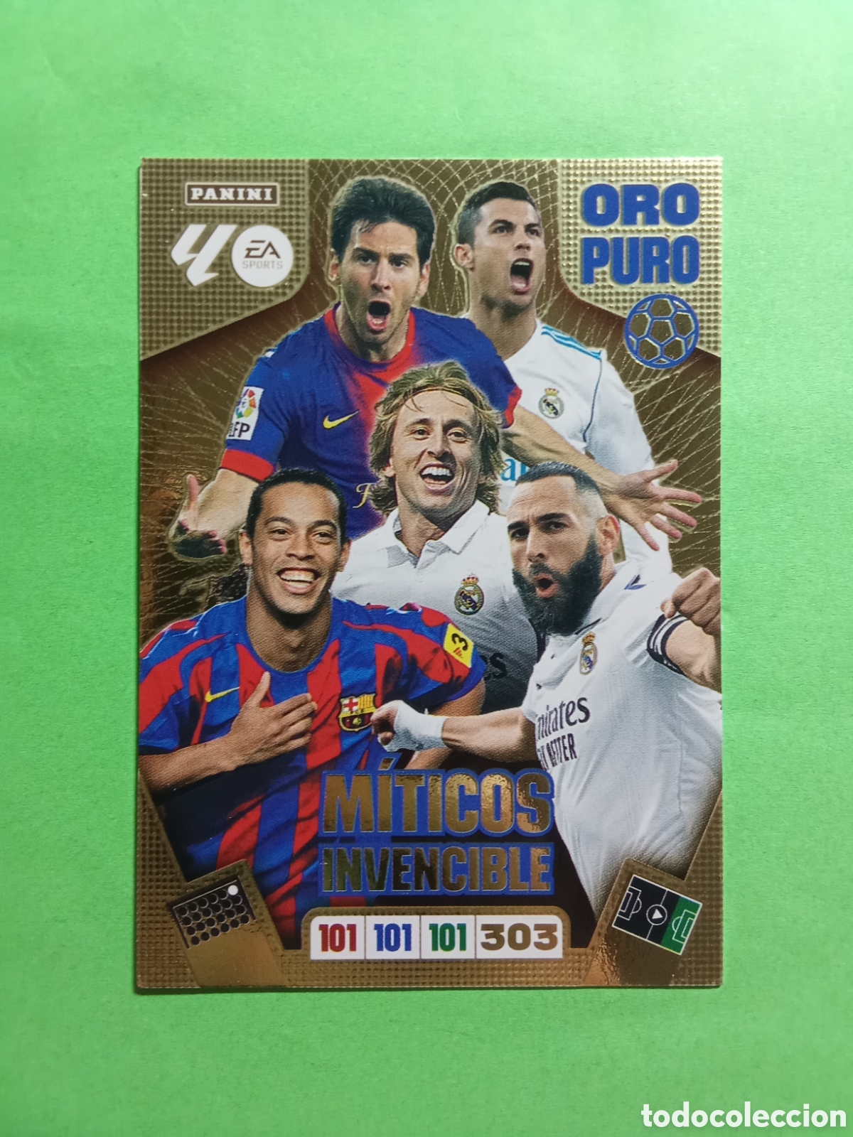 Cromos de f&uacute;tbol: CROMO MITICOS INVENCIBLE ORO PURO MESSI RONALDO RONALDINHO MODRIC Y BENZEMA ADRENALYN 25-26