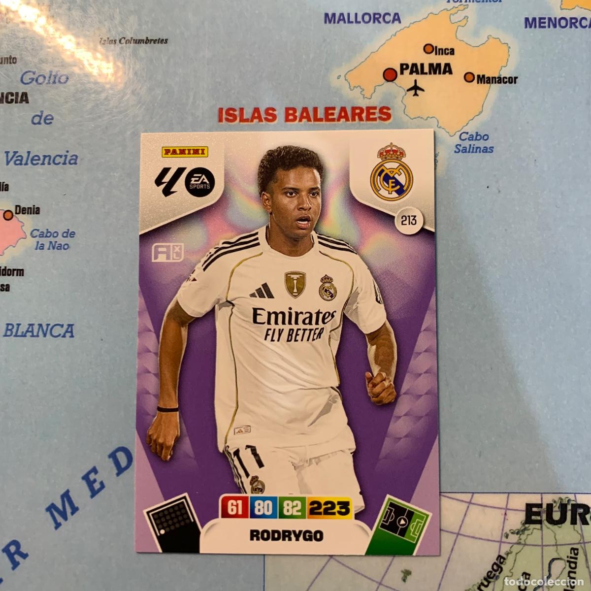 Cromos de f&uacute;tbol: Rodrygo n&uacute;mero 213 del Real Madrid cromo adrenalyn XL 25-26 2025-2026