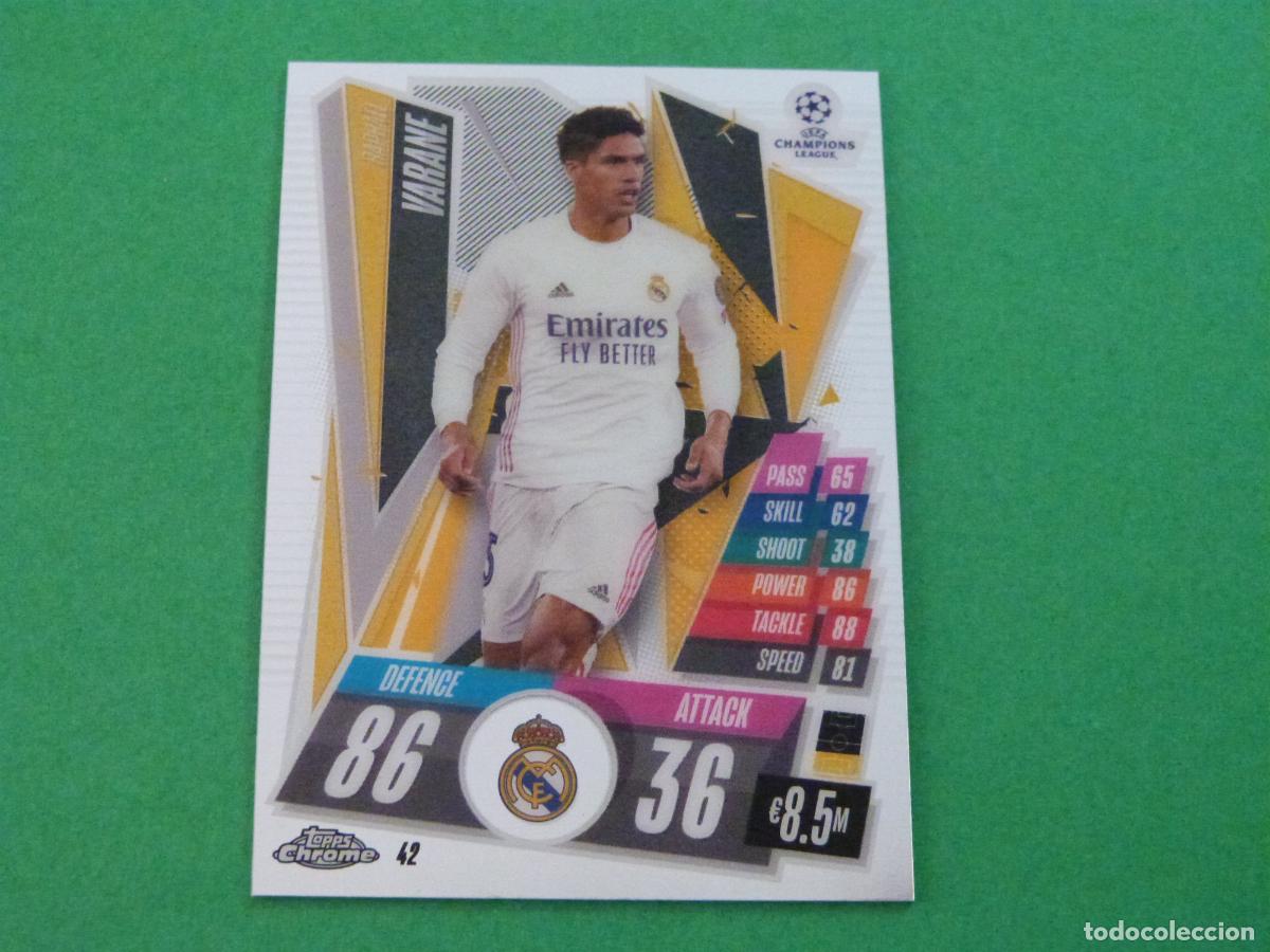 Cromos de f&uacute;tbol: TRADING CARD FUTBOL VARANE REAL MADRID N&ordm; 42 CHROME CHAMPIONS LEAGUE MATCH ATTAX 2020-2021/20-21