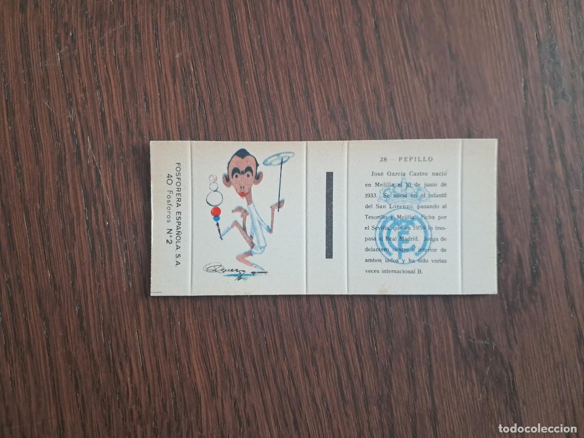 Cromos de f&uacute;tbol: Real Madrid n&ordm; 28, Pepillo - Caja de cerillas en plancha - Fosforera Espa&ntilde;ola, futbol, a&ntilde;os 60