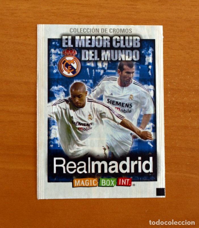 Cromos de f&uacute;tbol: Sobre vacio sin cromos-El mejor club del munco Real Madrid-Roberto Carlos-Zinedine Zidane-Magic Box