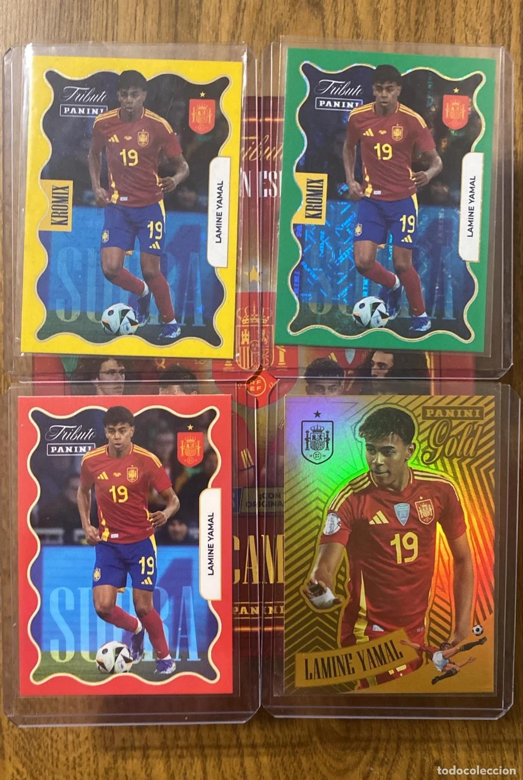 Cromos de f&uacute;tbol: Lote 4 Cartas Lamine Yamal Panini Tributo Selecci&oacute;n Espa&ntilde;ola 2026 (Parallels Kromix Gold Green Red)