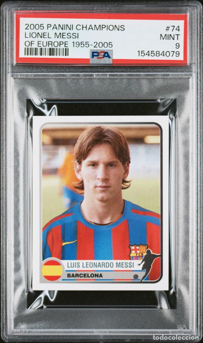 Cromos de f&uacute;tbol: Rookie Lionel Messi #74 FC Barcelona Panini Champions of Europe 1955 2005 PSA 9