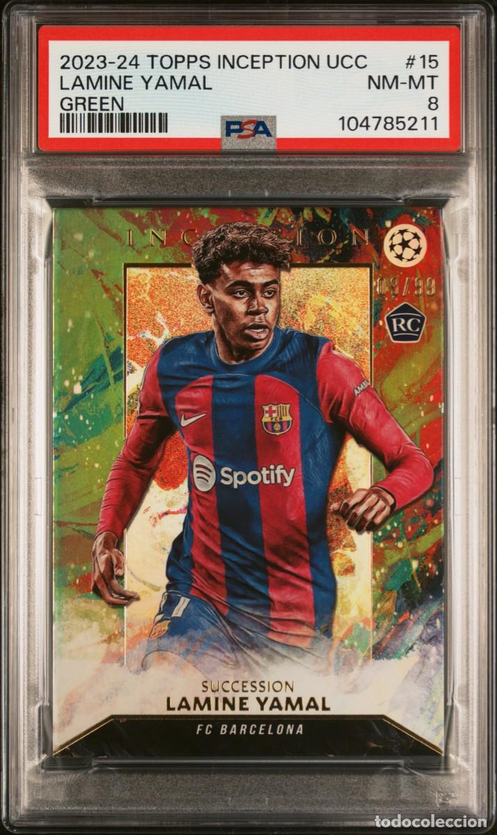 Cromos de f&uacute;tbol: Rookie Lamine Yamal 03/99 FC Barcelona Topps Inception Green 2023 24 PSA 8