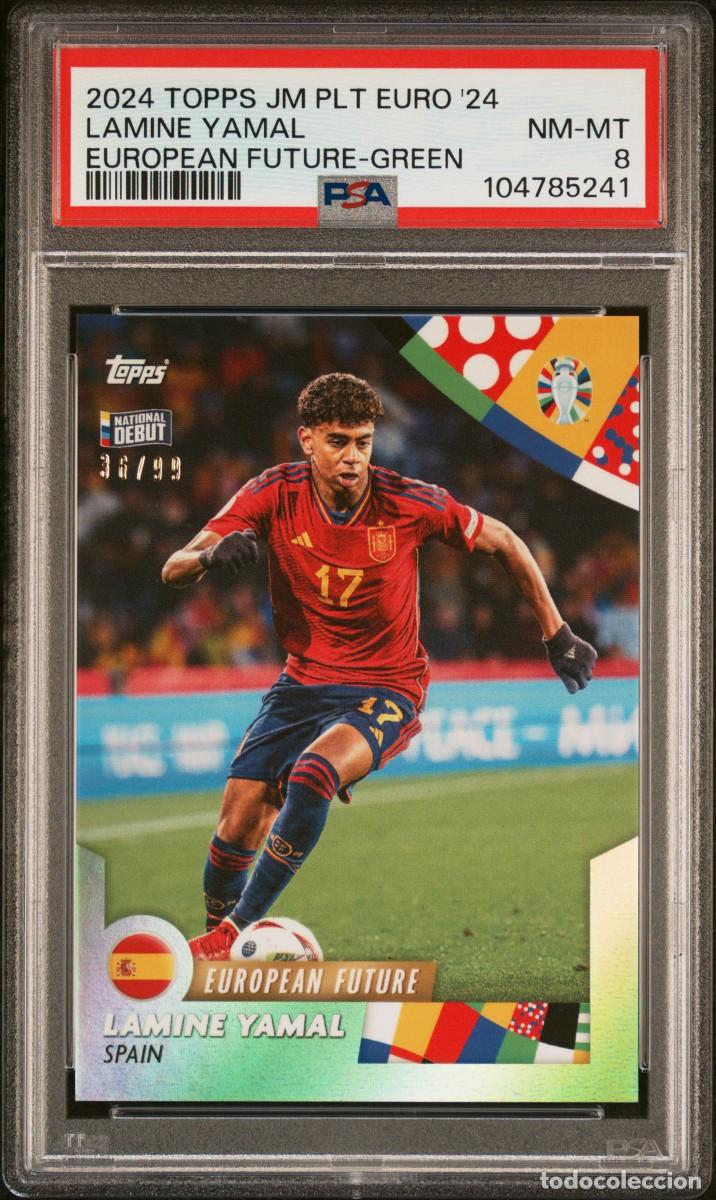 Football Stickers: RC Lamine Yamal 36/99 Espa&ntilde;a Topps JM Plt European Future EURO Green 2024 PSA 8